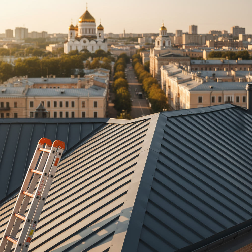 Вид на Успенский собор, реклама кровельных работ в Омске