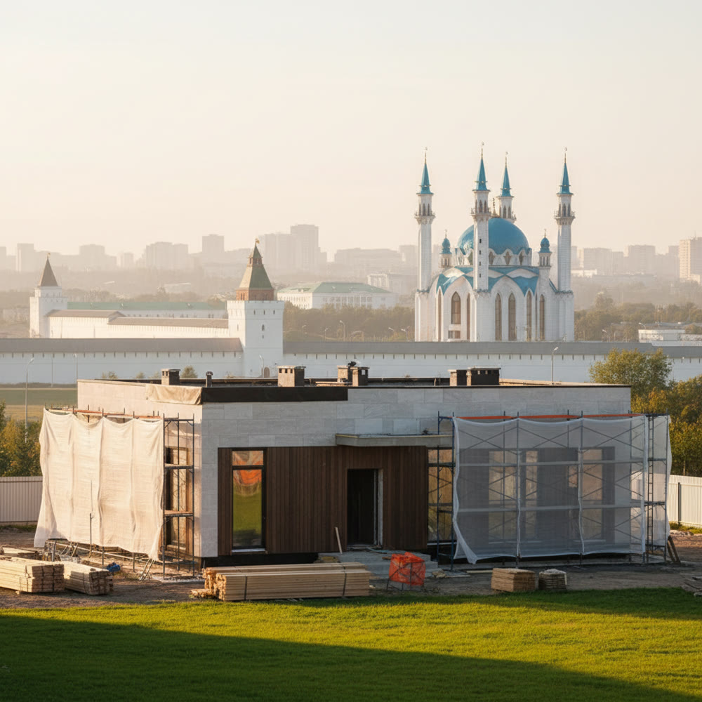 Вид на мечеть Кул-Шариф и Казанский кремль, реклама строительства домов в Казани