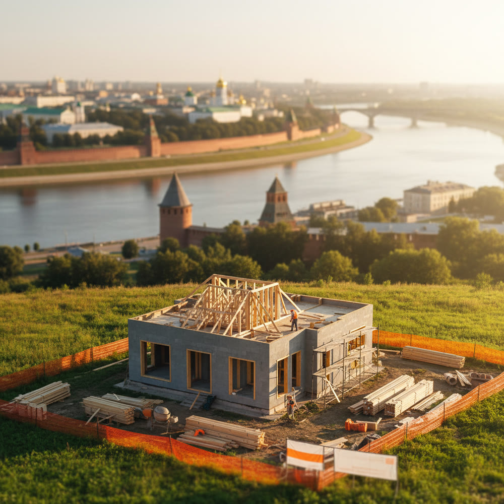 Вид на Нижегородский кремль и Волгу, реклама строительства домов в Нижнем Новгороде