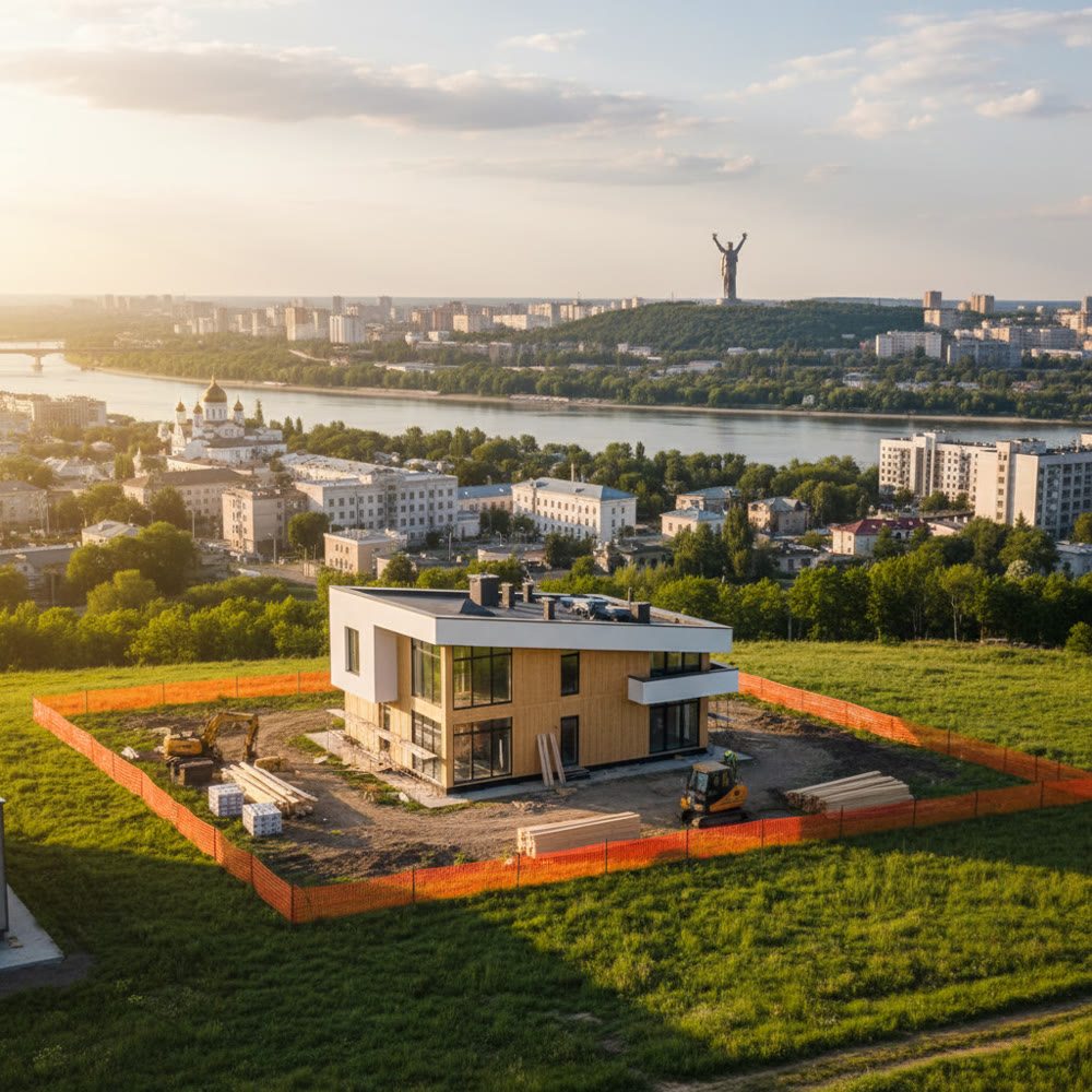 Вид на монумент Родина-мать, реклама строительства домов в Волгограде